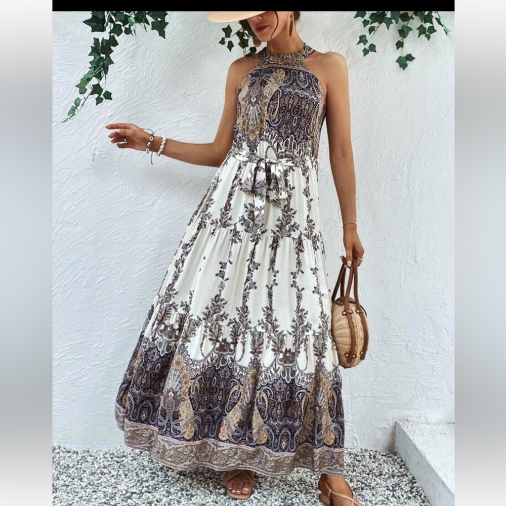 Boho Floral Paisley Print Sleeveless Halter Dress - Picture 6 of 6